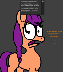 Size: 1237x1417 | Tagged: safe, artist:professorventurer, imported from derpibooru, sunny starscout, earth pony, pony, series:ask pippamena, braided ponytail, female, g5, implied hitch trailblazer, implied murder, insanity, mare, sad hitch