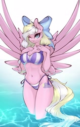 Size: 1857x2932 | Tagged: safe, artist:u_lu_lu, imported from derpibooru, oc, oc only, oc:bay breeze, anthro, pegasus, belly button, big breasts, bikini, blonde, bow, breasts, cleavage, clothes, curvy, cute, eyebrows, eyebrows visible through hair, eyelashes, female, hair bow, hand on chest, legs in the water, looking at you, midriff, one eye closed, seductive, sexy, side-tie bikini, solo, spread wings, swimsuit, thighs, water, wide hips, wings, wink, winking at you