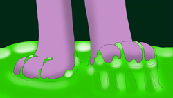 Size: 2000x1137 | Tagged: safe, artist:onimagmachan, imported from derpibooru, spike, dragon, changeling slime, claws, cropped, feet, fetish, foot fetish, foot focus, forest, legs, male, male feet, pictures of legs, puddle, slime, sticky, stuck, toes, trapped, underfoot