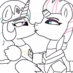 Size: 2048x2048 | Tagged: safe, artist:darktenor5, imported from derpibooru, princess celestia, tempest shadow, alicorn, pony, unicorn, crack shipping, duo, female, kiss on the lips, kissing, lesbian, lidded eyes, looking at each other, looking at someone, mare, shipping, squint, tempestia