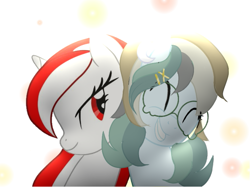 Size: 719x538 | Tagged: safe, artist:be_yourself, imported from derpibooru, oc, oc:altersmay earth, oc:sinar bulan indonesia, alicorn, pegasus, pony, duo, duo female, eyes closed, female, glasses, grin, looking at each other, looking at someone, mare, older altersmay earth, simple background, smiling, smiling at each other, white background