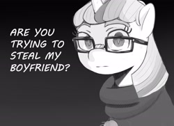 Size: 2986x2160 | Tagged: safe, artist:applephil, imported from derpibooru, moondancer, pony, unicorn, black and white, clothes, female, glasses, gradient background, grayscale, mare, monochrome, ponified, solo, sweater, talking to viewer, turtleneck, yandere