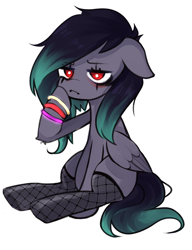Size: 1244x1620 | Tagged: safe, artist:lucystormdrop, imported from derpibooru, oc, oc only, pegasus, pony, clothes, edgy, floppy ears, goth, simple background, sitting, solo, stockings, thigh highs, white background