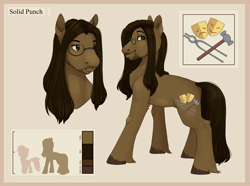 Size: 4025x3000 | Tagged: safe, artist:melodylibris, imported from derpibooru, oc, oc only, oc:solid punch, earth pony, pony, actor, beard, blacksmith, earth pony oc, facial hair, glasses, high res, male, reference sheet, size chart, size comparison, solo, stallion, unshorn fetlocks