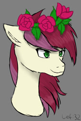 Size: 552x820 | Tagged: safe, artist:lefi32, imported from derpibooru, roseluck, earth pony, pony, bust, colored sketch, female, floral head wreath, flower, gray background, green eyes, leaves, mare, rose, signature, simple background, sketch, smiling, solo