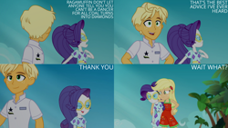 Size: 1280x720 | Tagged: safe, edit, edited screencap, editor:quoterific, imported from derpibooru, screencap, applejack, rarity, human, equestria girls, equestria girls series, spring breakdown, spoiler:eqg series (season 2), bare shoulders, eyes closed, female, geode of shielding, geode of super strength, magical geodes, male, open mouth, open smile, ragamuffin (g4), sleeveless, smiling, text, trio