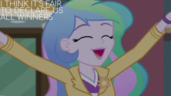 Size: 1280x720 | Tagged: safe, edit, edited screencap, editor:quoterific, imported from derpibooru, screencap, princess celestia, human, equestria girls, friendship games, brooch, canterlot high, cute, cutelestia, cutie mark accessory, cutie mark brooch, eyes closed, female, jewelry, open mouth, open smile, principal celestia, smiling, solo, text