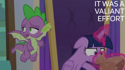 Size: 1280x720 | Tagged: safe, edit, edited screencap, editor:quoterific, imported from derpibooru, screencap, spike, twilight sparkle, alicorn, dragon, pony, season 9, the beginning of the end, spoiler:s09, bag, duo, female, floppy ears, flying, magic, male, mare, open mouth, paper bag, school of friendship, spread wings, telekinesis, text, twilight sparkle (alicorn), twilighting, winged spike, wings