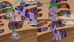 Size: 1280x720 | Tagged: safe, edit, edited screencap, editor:quoterific, imported from derpibooru, screencap, spike, twilight sparkle, dragon, pony, unicorn, season 2, secret of my excess, duo, eyes closed, female, golden oaks library, implied rarity, magic, male, mare, open mouth, telekinesis, text, unicorn twilight