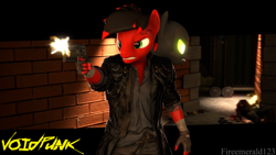 Size: 3840x2160 | Tagged: safe, artist:fireemerald123, imported from derpibooru, oc, oc:page feather, oc:voice, anthro, 3d, blood, bloodletter, bloodletters (gang), brick wall, clothes, dead, gun, handgun, jacket, leather jacket, muzzle flash, revolver, rifle, void entity, voidpunk, weapon