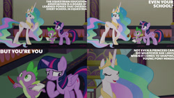 Size: 1280x720 | Tagged: safe, edit, edited screencap, editor:quoterific, imported from derpibooru, screencap, princess celestia, spike, twilight sparkle, alicorn, dragon, pony, school daze, season 8, spoiler:s08, crown, eyes closed, female, jewelry, male, mare, open mouth, open smile, regalia, smiling, text, trio, twilight sparkle (alicorn)