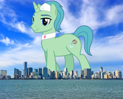 Size: 2048x1647 | Tagged: safe, artist:cheezedoodle96, artist:thegiantponyfan, edit, imported from derpibooru, birch bucket, pony, unicorn, florida, giant pony, giant unicorn, highrise ponies, irl, macro, male, mega giant, miami, photo, ponies in real life, smiling, solo, spa pony, stallion