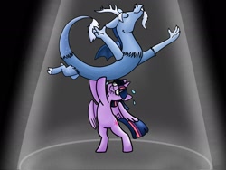 Size: 2048x1536 | Tagged: safe, artist:deidadsuperior, imported from derpibooru, discord, twilight sparkle, alicorn, draconequus, pony, three's a crowd, bipedal, blue flu, duo, female, glass of water, graceful, holding up, male, scene interpretation, spotlight, sweat, twilight sparkle (alicorn)