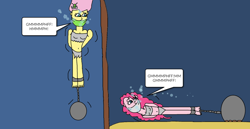 Size: 1024x527 | Tagged: safe, artist:mattjohn1992, imported from derpibooru, fluttershy, pinkie pie, human, equestria girls, asphyxiation, ball and chain, breasts, cloth gag, cute, drowning, gag, help us, scared, shyabetes, tied up, underwater, worried