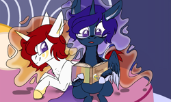 Size: 1159x690 | Tagged: safe, artist:moonert, imported from derpibooru, oc, oc only, alicorn, pony, alicorn oc, book, duo, female, horn, indoors, mare, reading, smiling, wings