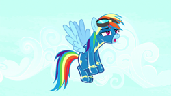 Size: 1280x720 | Tagged: safe, edit, edited screencap, imported from derpibooru, screencap, rainbow dash, pegasus, pony, yakity-sax, clothes, female, goggles, latex, latex suit, mare, open mouth, requested art, solo, spread wings, sweat, sweatdrops, uniform, wings, wonderbolts uniform