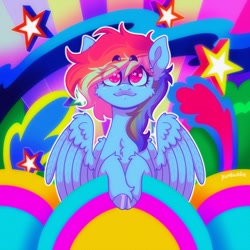 Size: 1750x1750 | Tagged: safe, artist:yumkandie, imported from derpibooru, rainbow dash, pegasus, pony, chest fluff, psychedelic, solo, stars, wingding eyes, wings