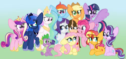 Size: 1280x604 | Tagged: safe, artist:sugarcloud12, imported from derpibooru, applejack, fluttershy, pinkie pie, princess cadance, princess celestia, princess luna, rainbow dash, rarity, spike, starlight glimmer, sunset shimmer, twilight sparkle, oc, alicorn, dragon, earth pony, pegasus, pony, unicorn, crown, cute, female, floppy ears, gradient background, group picture, happy, jewelry, male, mane seven, mane six, mare, open mouth, open smile, regalia, smiling, spread wings, twilight sparkle (alicorn), wings