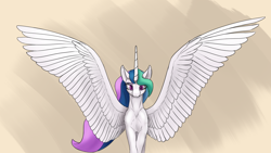 Size: 3840x2160 | Tagged: safe, artist:tenebrisnoctus, imported from derpibooru, princess celestia, alicorn, pony, large wings, looking at you, realistic anatomy, solo, spread wings, wings