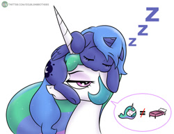 Size: 1075x832 | Tagged: safe, artist:doublewbrothers, imported from derpibooru, princess celestia, princess luna, alicorn, facehugger, pony, alien (franchise), bed, celestia is not amused, cute, female, filly, filly luna, foal, horn, luna riding celestia, lunabetes, onomatopoeia, pictogram, ponies riding ponies, pony hat, riding, royal sisters, s1 luna, siblings, simple background, sisters, sleeping, sound effects, unamused, white background, wings, woona, younger, zzz