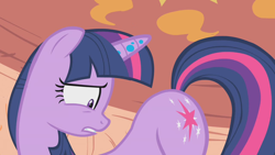 Size: 1280x720 | Tagged: safe, imported from derpibooru, screencap, twilight sparkle, pony, unicorn, bridle gossip, season 1, butt, female, flank, golden oaks library, looking at butt, looking back, mare, plot, poison joke, solo, tail, twibutt, twilight flopple, unicorn twilight