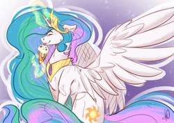 Size: 400x283 | Tagged: safe, artist:rumi-rs, imported from derpibooru, princess celestia, alicorn, pony, eyes closed, female, food, glowing, glowing horn, horn, ice cream, licking, magic, mare, sitting, smiling, solo, spread wings, telekinesis, tongue out, wings