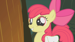 Size: 1280x720 | Tagged: safe, imported from derpibooru, screencap, apple bloom, earth pony, pony, bridle gossip, season 1, adorabloom, apple bloom's bow, bow, cute, dilated pupils, female, filly, foal, grin, hair bow, happy, smiling, solo