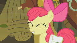 Size: 1280x720 | Tagged: safe, imported from derpibooru, screencap, apple bloom, earth pony, pony, bridle gossip, season 1, ^^, adorabloom, apple bloom's bow, bag, bow, cute, eyes closed, female, filly, foal, grin, hair bow, happy, saddle bag, smiling, solo, zecora's hut