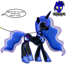 Size: 3840x4154 | Tagged: safe, alternate version, artist:damlanil, imported from derpibooru, nightmare moon, princess luna, alicorn, pony, bdsm, blindfold, bodysuit, bondage, bondage mask, boots, bound wings, catsuit, clothes, collar, comic, commission, corset, crown, ethereal mane, female, gag, galaxy mane, gimp suit, high heels, hood, hoof shoes, horn, horn ring, implied princess celestia, jewelry, latex, latex boots, latex suit, leash, mare, muzzle gag, necklace, regalia, ring, rubber, shiny, shiny mane, shoes, show accurate, simple background, solo, speech bubble, suit, text, transparent background, vector, wings