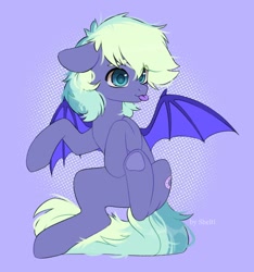 Size: 1402x1498 | Tagged: safe, artist:shelti, imported from derpibooru, oc, oc only, oc:murphy, bat pony, pony, :p, bat wings, colored pupils, commission, male, purple background, raspberry, simple background, smiling, solo, spread wings, stallion, tongue out, underhoof, wings