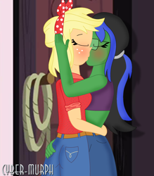 Size: 1340x1532 | Tagged: safe, artist:cyber-murph, imported from derpibooru, applejack, oc, oc:lightning voice, human, equestria girls, equestria girls series, five to nine, ass, barn, blushing, breasts, butt, butt grab, butt touch, canon x oc, clothes, female, freckles, glasses, grope, hand on butt, jeans, kiss on the lips, kissing, lesbian, making out, midriff, pants, ponytail, shipping, tube top