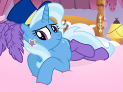 Size: 1442x1080 | Tagged: safe, artist:grapefruit-face, imported from derpibooru, trixie, pony, unicorn, base used, bed, bedroom eyes, clothes, gameloft interpretation, hat, lidded eyes, looking at you, seductive pose, socks, solo, sultry pose