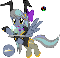 Size: 3608x3485 | Tagged: safe, artist:kyoshyu, imported from derpibooru, oc, oc only, oc:comet lightstream, pegasus, pony, bunny ears, clothes, female, fishnets, flying, glass, high res, implied wing hole, leotard, mare, open mouth, open smile, pegasus oc, platter, simple background, smiling, solo, spread wings, tail, tail hole, transparent background, wings