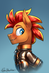 Size: 2000x3000 | Tagged: safe, artist:jedayskayvoker, imported from derpibooru, oc, oc:fireheart(fire), hybrid, pony, bust, clothes, collar, ear fluff, eyebrows, fangs, fireheart76's latex suit design, icon, latex, latex suit, male, patreon, patreon reward, portrait, prisoners of the moon, shiny, solo, stallion