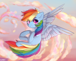 Size: 2500x2000 | Tagged: safe, artist:shelti, imported from derpibooru, rainbow dash, pegasus, pony, cloud, colored pupils, flying, missing cutie mark, sky background, solo