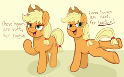 Size: 2634x1644 | Tagged: safe, artist:doodledonutart, imported from derpibooru, applejack, earth pony, pony, applebutt, bucking, bucky mcgillicutty, butt, cowboy hat, dialogue, female, hat, high res, hooves, hooves debate, kicks mcgee, lidded eyes, looking back, mare, open mouth, open smile, plot, raised hoof, shadow, smiling, solo, standing, tail
