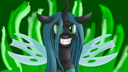 Size: 1920x1080 | Tagged: safe, artist:jbond, imported from derpibooru, queen chrysalis, changeling, changeling queen, angry, canterlot wedding 10th anniversary, female, grin, redraw, smiling, solo