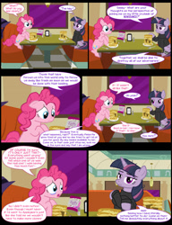 Size: 1042x1358 | Tagged: safe, artist:dendoctor, imported from derpibooru, mean twilight sparkle, pinkie pie, twilight sparkle, alicorn, earth pony, pony, comic:clone.., alternate universe, bandage, clone, clothes, comic, crying, diner, female, food, fork, implied applejack, pancakes, pepper, pinkie clone, plate, salt, taffy, twilight sparkle (alicorn)