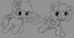 Size: 1558x814 | Tagged: safe, artist:mushy, imported from derpibooru, oc, oc only, oc:kayla, oc:pea, earth pony, pegasus, pony, clothes, duo, female, filly, foal, monochrome, running, sketch, socks, wholesome