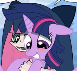 Size: 697x645 | Tagged: safe, artist:tiarawhy, edit, editor:pagiepoppie12345, imported from derpibooru, twilight sparkle, pony, unicorn, anarchy stocking, angel, anime, anime style, blushing, bow, cropped, cropped porn, explicit source, female, floppy ears, goth, gothic, hair bow, holding a pony, implied angel on pony action, implied interspecies, implied lesbian, implied shipping, looking down, mare, panty and stocking with garterbelt, smiling, stockinglight, unicorn twilight