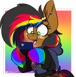 Size: 899x907 | Tagged: safe, artist:notetaker, imported from derpibooru, oc, oc only, oc:notetaker, earth pony, semi-anthro, clothes, colorful, fishnets, glasses, jacket, jewelry, necklace, nintendo ds, nonbinary, nonbinary pride flag, pentagram, piercing, pins, pride, pride flag, simple background, socks, solo, sticker, stylus