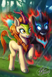 Size: 737x1097 | Tagged: safe, artist:14-bis, imported from derpibooru, autumn blaze, kirin, nirik, cloven hooves, duality, fangs, female, mirror, raised leg, reflection, smiling, solo