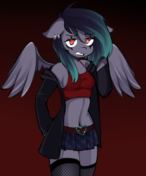 Size: 1638x1965 | Tagged: safe, artist:lucystormdrop, derpibooru exclusive, imported from derpibooru, oc, oc only, anthro, pegasus, arm hooves, bare shoulders, clothes, dyed mane, ear piercing, female, fishnets, floppy ears, goth, gradient background, midriff, piercing, red eyes, skirt, socks, solo, tanktop, thigh highs