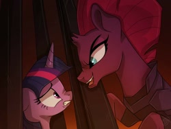 Size: 1024x768 | Tagged: safe, artist:golden bloom, imported from derpibooru, tempest shadow, twilight sparkle, alicorn, pony, unicorn, my little pony: the movie, broken horn, horn, scene interpretation, screenshot redraw, twilight sparkle (alicorn)