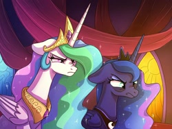 Size: 1024x768 | Tagged: safe, artist:golden bloom, imported from derpibooru, princess celestia, princess luna, alicorn, pony, a royal problem, season 7, bags under eyes, duo, duo female, female, floppy ears, frown, mare, nose wrinkle, scene interpretation, screenshot redraw, this will end in a trip to the moon, unamused