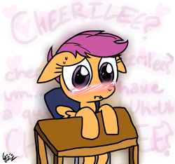 Size: 800x750 | Tagged: safe, artist:fkandfriends, imported from derpibooru, scootaloo, pegasus, pony, blushing, chair, crying, female, filly, floppy ears, foal, heart, heart background, implied cheerilee, implied cheeriloo, love me cheerilee, mare, nervous, table, text, wings