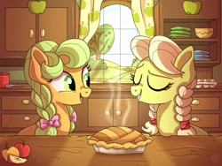 Size: 1024x768 | Tagged: safe, artist:golden bloom, imported from derpibooru, goldie delicious, granny smith, earth pony, pony, apple, braid, cottagecore, duo, duo female, female, food, kitchen, mare, pie, window, young goldie delicious, young granny smith, younger