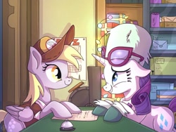 Size: 1024x768 | Tagged: safe, artist:golden bloom, imported from derpibooru, derpy hooves, rarity, pegasus, pony, unicorn, best gift ever, bell, cash register, duo, glasses, hat, needs more jpeg, post office, scene interpretation, screenshot redraw