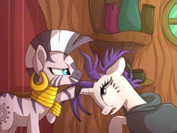 Size: 1024x768 | Tagged: safe, artist:golden bloom, imported from derpibooru, rarity, zecora, pony, unicorn, zebra, it isn't the mane thing about you, season 7, cloak, clothes, duo, scene interpretation, screenshot redraw