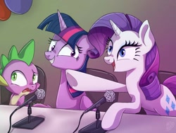 Size: 1024x768 | Tagged: safe, artist:golden bloom, imported from derpibooru, rarity, spike, twilight sparkle, alicorn, dragon, pony, unicorn, everfree northwest, everfree northwest 2012, look there's a moose, microphone, trio, twilight sparkle (alicorn), voice actor joke